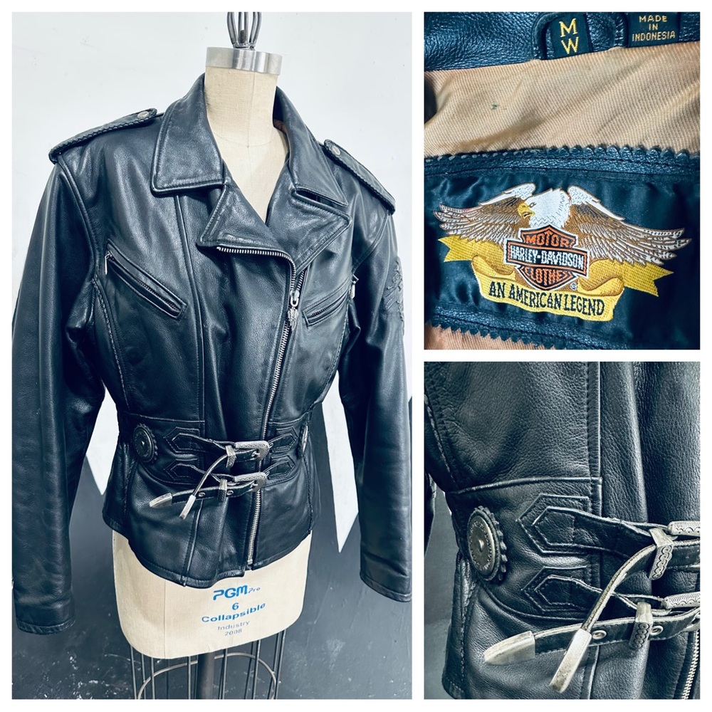 WOW! Harley-Davidson Vintage 80s Black Leather Jacket w/ Fitted Waist & Buckles